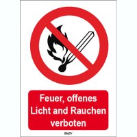BRADY ISO Sicherheitskennzeichnung - Feuer, offenes Licht and Rauchen verbot P/P003/DE210/TW-148X210